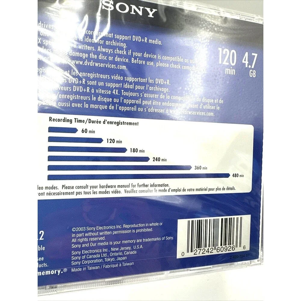 Sony Recordable DVD+R Disc 120 Minutes 4.7GB One (1) - NEW SEALED